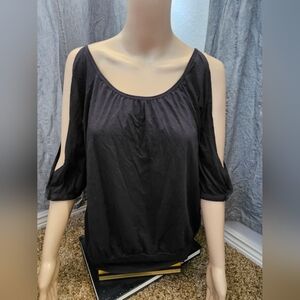 Theory Women's Black Open Cold Shoulder Top Blouse Size L Cotton Loose Shirt